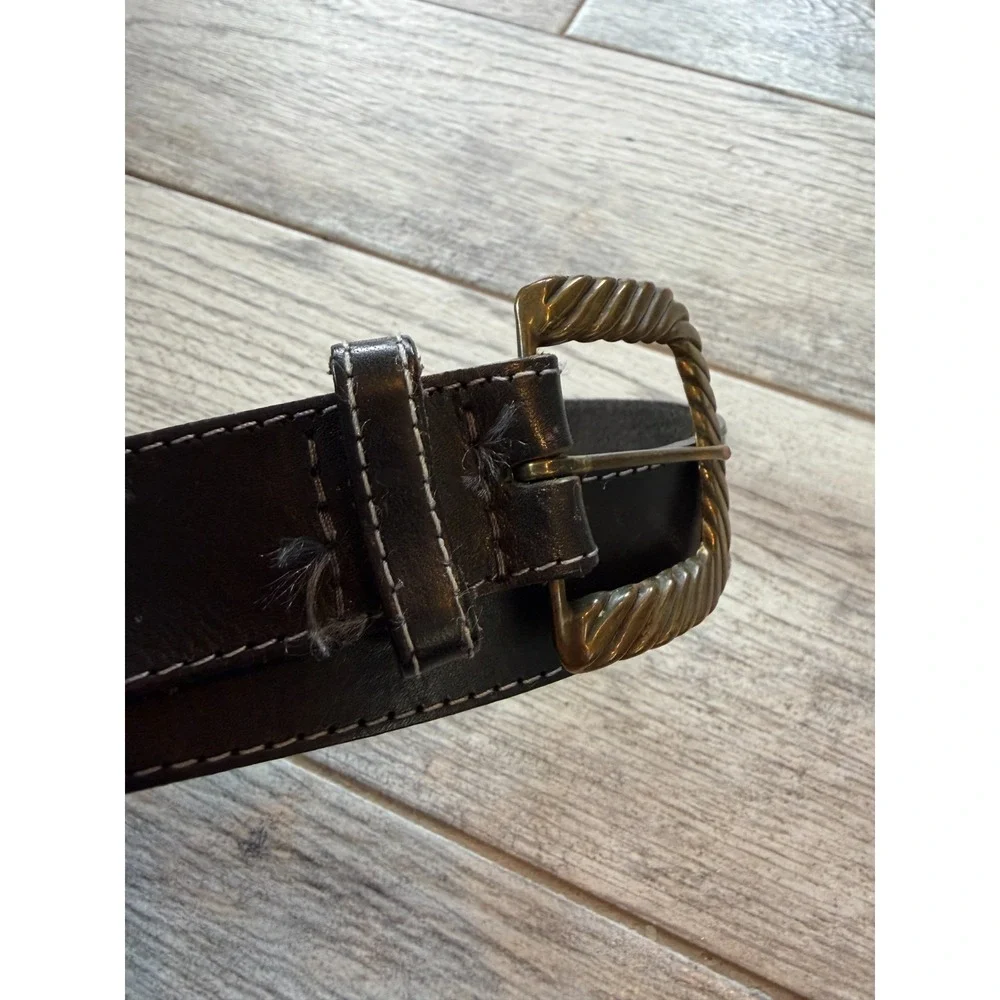Genuine Leather Belt Black size Medium USA Twisted Buckle‎ Brasstone Vtg Western